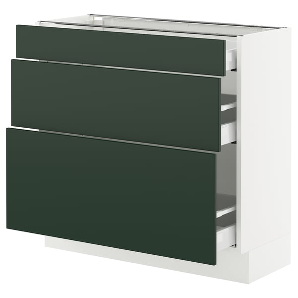 SEKTION / MAXIMERA Base cabinet with 3 drawers, white/Havstorp deep green, 91x37x76 cm