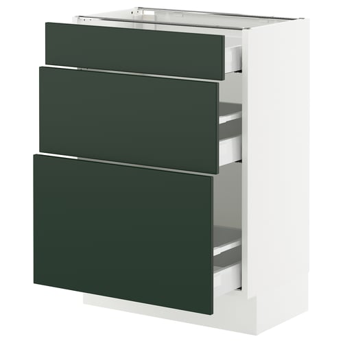 Ikea SEKTION kitchen unit, white frame with dark green drawers.