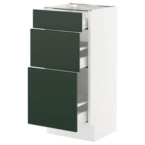 SEKTION kitchen cabinet in dark green with three drawers and white frame.