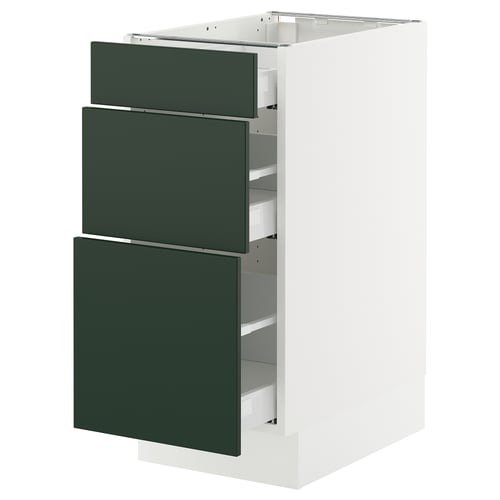 Modern green drawer unit with three pull-out drawers.