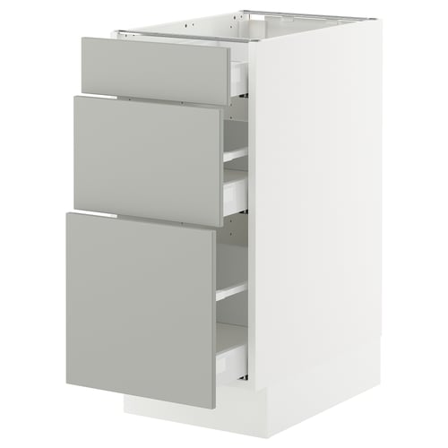 A modern, light grey kitchen cabinet from IKEA’s SEKTION series. It has three drawers with a sleek, minimalist design.