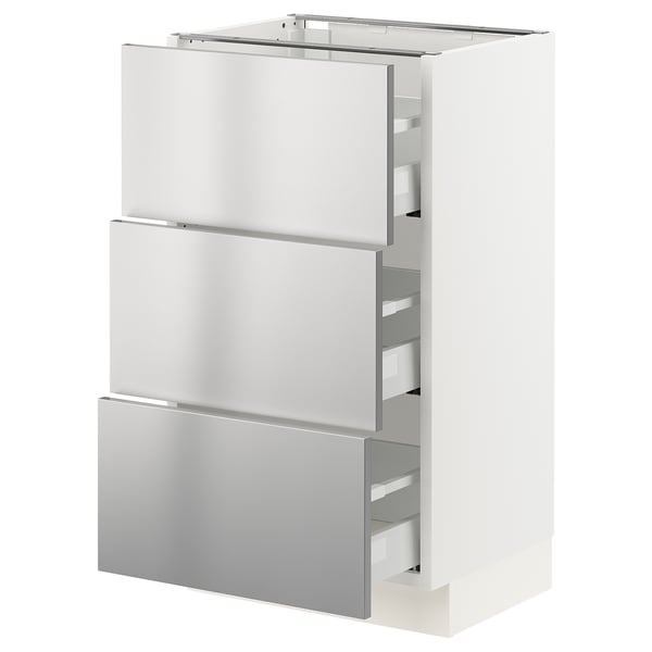 SEKTION / MAXIMERA Base cabinet with 3 drawers, white/Nogsta stainless steel, 46x37x76 cm