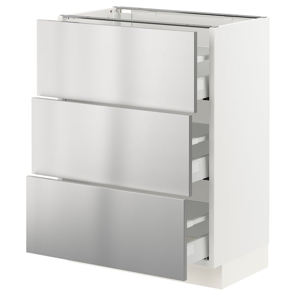 SEKTION / MAXIMERA Base cabinet with 3 drawers, white/Nogsta stainless steel, 61x37x76 cm