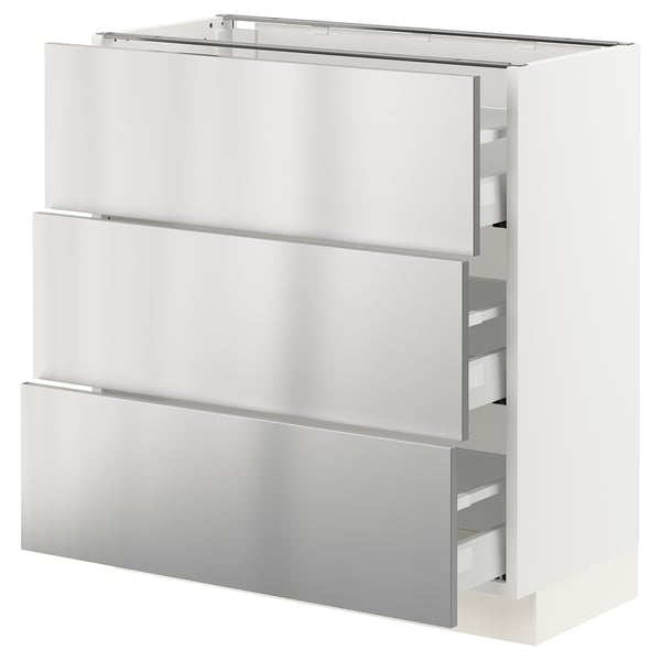 SEKTION / MAXIMERA Base cabinet with 3 drawers, white/Nogsta stainless steel, 76x37x76 cm