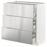 SEKTION / MAXIMERA Base cabinet with 3 drawers, white/Nogsta stainless steel, 76x37x76 cm