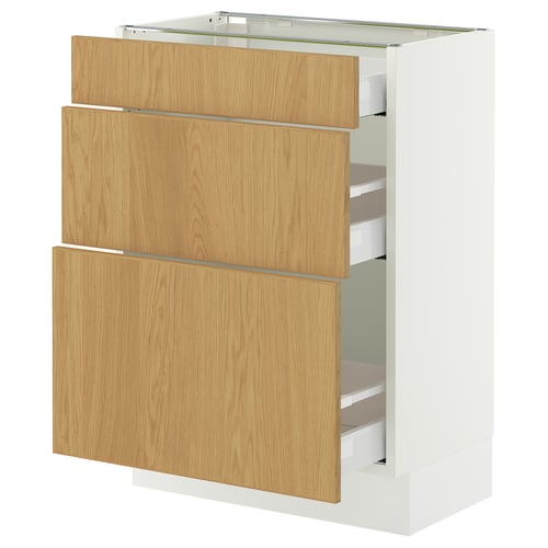SEKTION / MAXIMERA Base cabinet with 3 drawers, white/Sinarp oak veneer, 61x37x76 cm