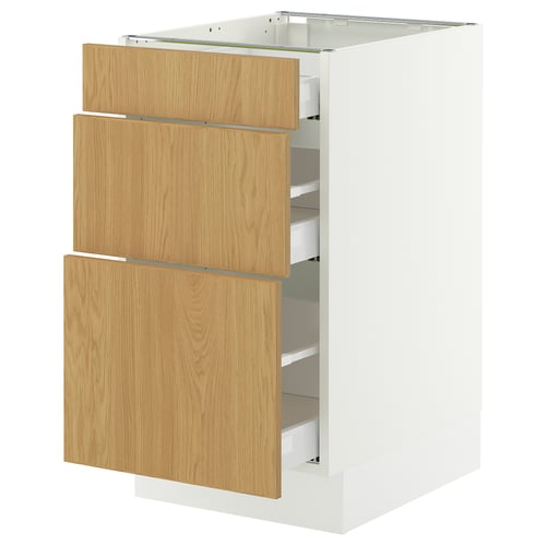 White SEKTION kitchen cabinet with three wooden drawers.