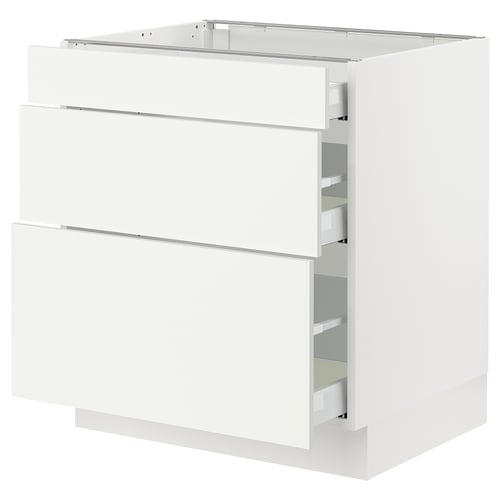Displays a white SEKTION kitchen cabinet with multiple drawers.