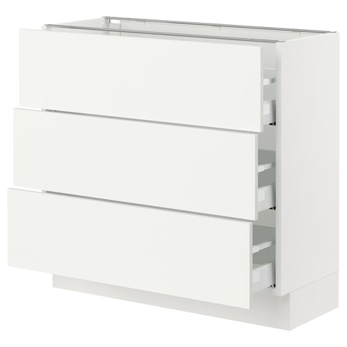 A SEKTION kitchen unit in white with three drawers. It a modern, minimalist design with smooth-running drawers.