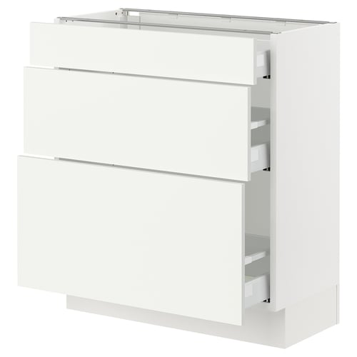 A white SEKTION kitchen cabinet with three drawers. It has a sleek, modern design with smooth surfaces and silver handles.