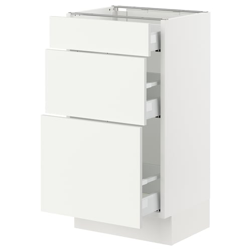 Ikea SEKTION white kitchen cabinet unit with three drawers.