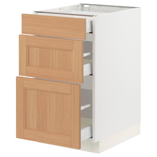 SEKTION kitchen cabinet with oak drawers, white base, modern design.