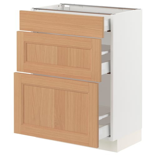 An ikea SEKTION kitchen cabinet in white with light wood doors and drawers, featuring a modern and natural design.
