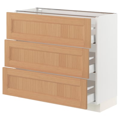 SEKTION / MAXIMERA Base cabinet with 3 drawers, white/Vedhamn oak, 91x37x76 cm