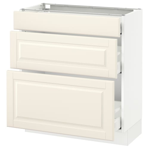 A white SEKTION kitchen cabinet with three drawers, featuring a traditional design with bevelled edges.