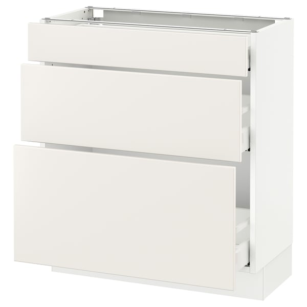 White SEKTION kitchen base cabinet with 3 drawers, modern design, metal runners.
