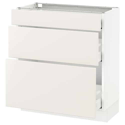 White SEKTION kitchen base cabinet with 3 drawers, modern design, metal runners.