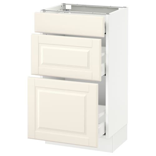 Displays a white SEKTION kitchen cabinet with two drawers. It off-white bodbyn fronts and smooth-running drawers.