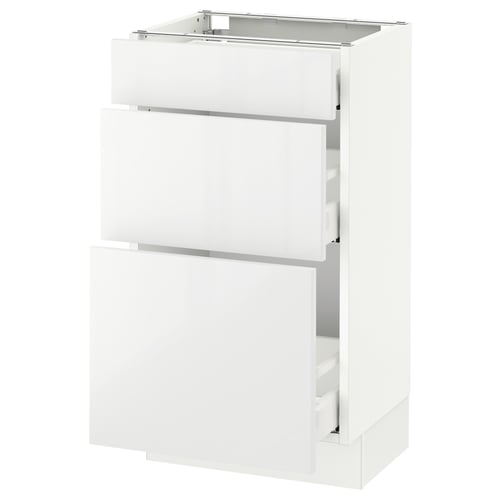A white ikea SEKTION kitchen cabinet with three drawers. It a modern, high-gloss finish and a sleek design.