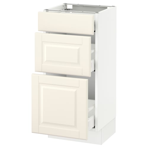 An off-white SEKTION kitchen cabinet with bevelled drawer fronts and a traditional design. It two drawers and a cabinet space.