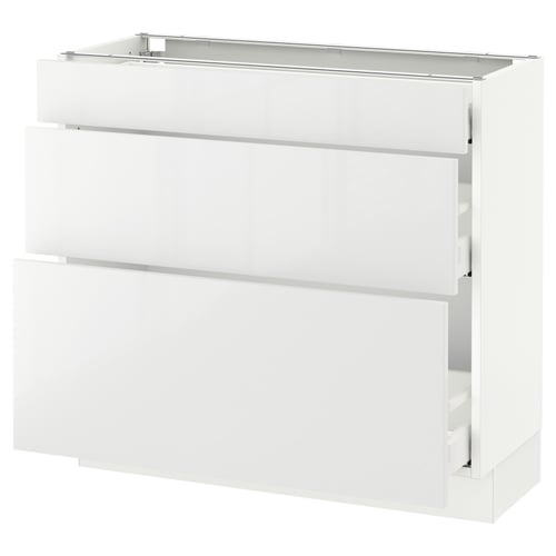 SEKTION white glossy kitchen cabinet with drawers and shelves.