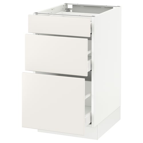 White SEKTION kitchen cabinet with three drawers, sleek design.
