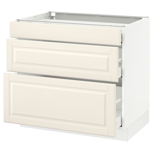 An off-white SEKTION kitchen cabinet with three drawers, featuring a classic design with bevelled drawer fronts.