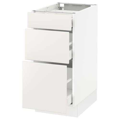White SEKTION kitchen cabinet with three drawers, sleek and modern design.
