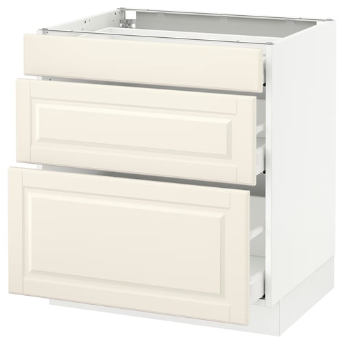 A white SEKTION base kitchen cabinet with two drawers, featuring off-white bodbyn fronts and a smooth, traditional design.