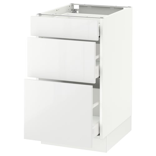 White kitchen cabinet with three drawers by ikea SEKTION line, glossy finish, rectangular shape.
