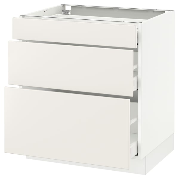 White SEKTION kitchen cabinet with three drawers and minimalist design.