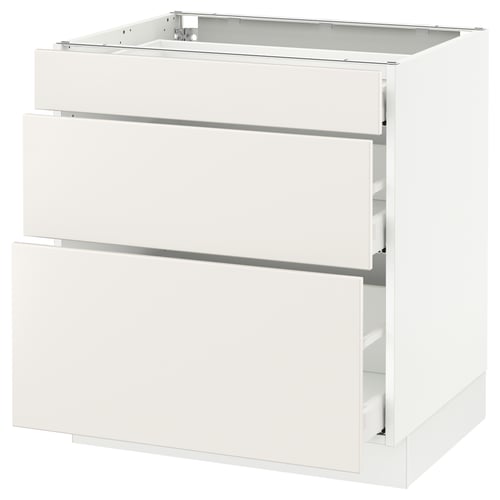 White SEKTION kitchen cabinet with three drawers and minimalist design.