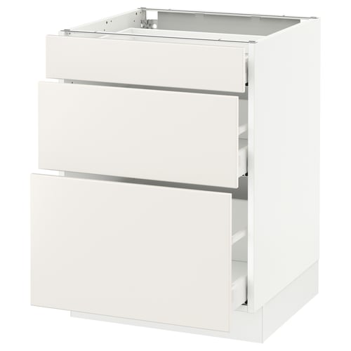 A white SEKTION base kitchen cabinet with three drawers. It has a sleek, modern design with smooth, handleless drawer fronts.
