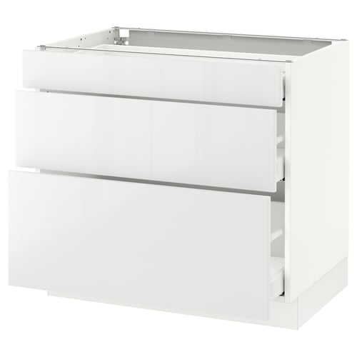 This image shows a white high-gloss cabinet from IKEAs SEKTION kitchen series with smooth-running drawers.