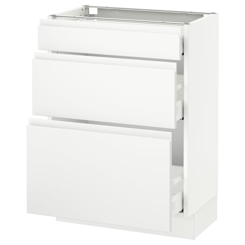A white SEKTION kitchen cabinet with three drawers and a countertop. The cabinet is minimalist and modern.