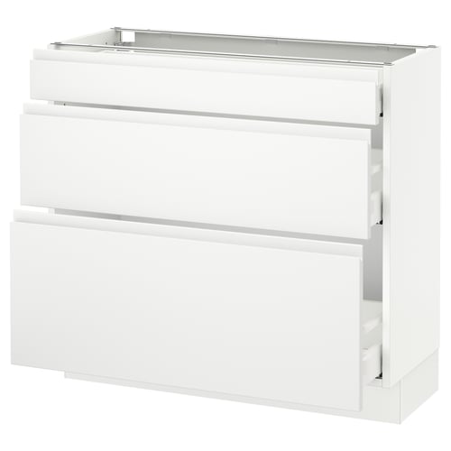 SEKTION kitchen cabinet in white with three drawers and a glass top.