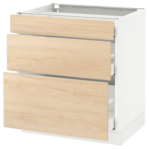 SEKTION kitchen cabinet in light ash wood, white frame, three drawers.