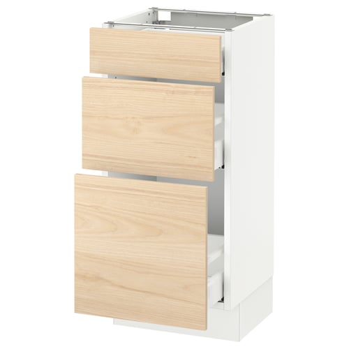 Modern kitchen cabinet, SEKTION series, white with light wood drawers, sleek design, three open drawers, durable materials.