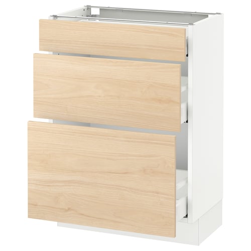 Modern white and light wood kitchen cabinet with drawers.