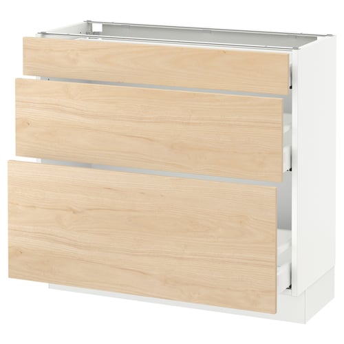 SEKTION light ash wood cabinet with three drawers, rectangular shape.