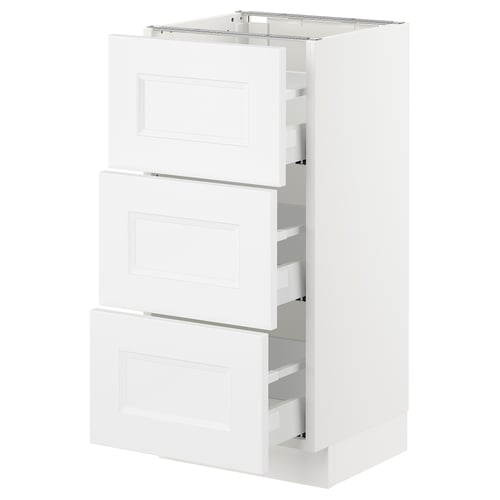 SEKTION white cabinet, modern minimalist design with three full-extension drawers, sleek handles, and metal runners.