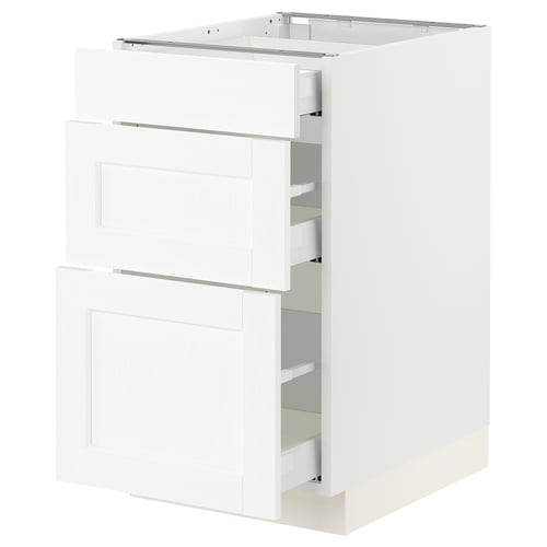 White SEKTION kitchen cabinet with wood grain texture and multiple drawers.