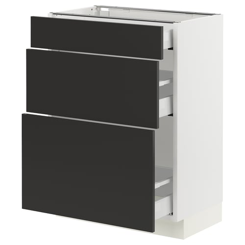 SEKTION kitchen cabinet, white with three black drawers.