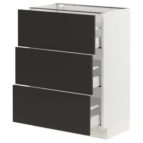 A modern, white kitchen cabinet with three black drawers. The sleek design smooth, dark handles and sturdy, full-extension drawers.