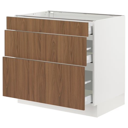 An ikea SEKTION kitchen cabinet with three wooden drawers in a walnut finish, offering a sleek, modern design.