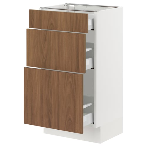 White-framed ikea SEKTION kitchen cabinet with walnut drawers, sleek design.
