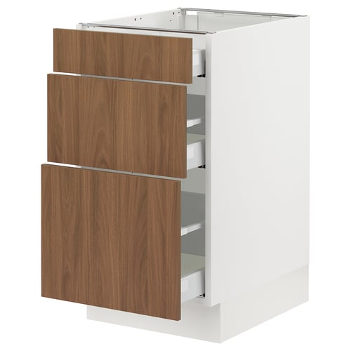 A sleek, white kitchen cabinet with three smooth, wooden walnut drawers.