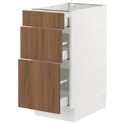 SEKTION kitchen cabinet in white with walnut drawers, modern smooth design, sturdy and stylish storage solution.
