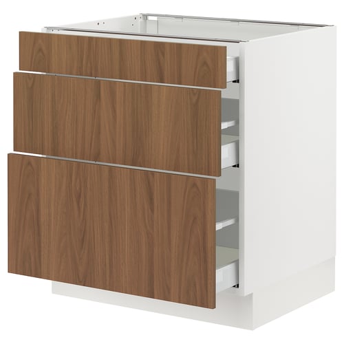 SEKTION kitchen cabinet, white with walnut drawers, sleek modern design, smooth and soft-close drawers.