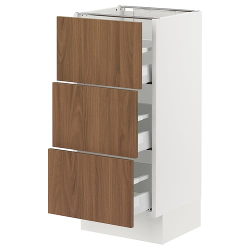 SEKTION walnut and white kitchen cabinet with drawers, sleek modern design.